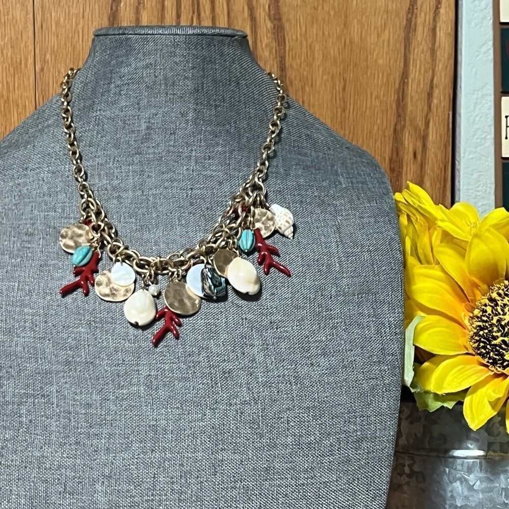 NWOT Southern Living Nautical Gold & Red Coral Charm Necklace #JW3